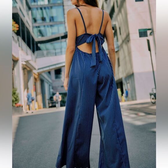 Free People Ava Pinstripe One Piece Jumpsuit in Blue Combo - Picture 2 of 7